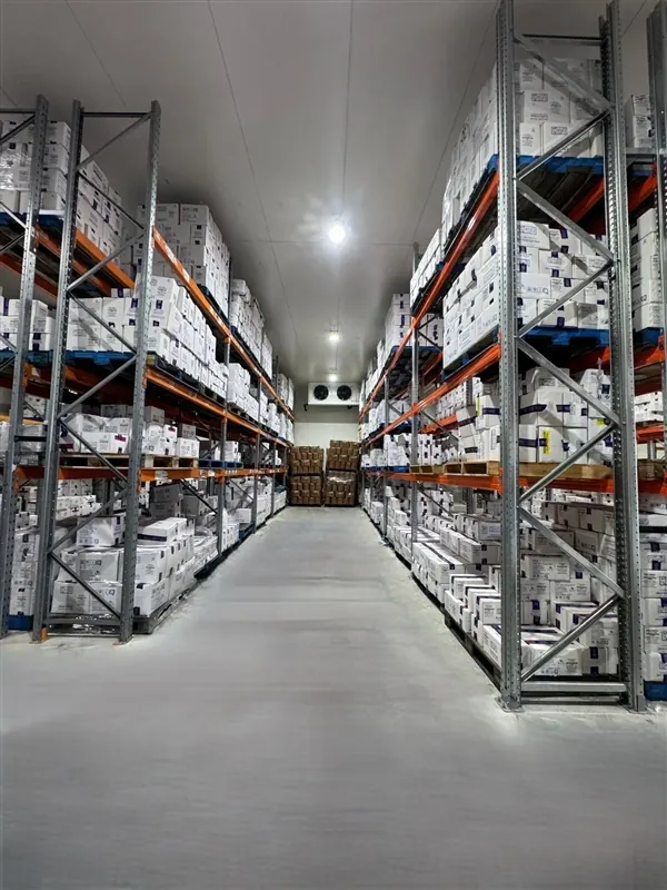 Inside the frozen store: an aisle between racks of white cartons, with the cooling unit on the end wall.